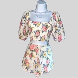 White Floral Print Two Piece Crop Top and Shorts Set